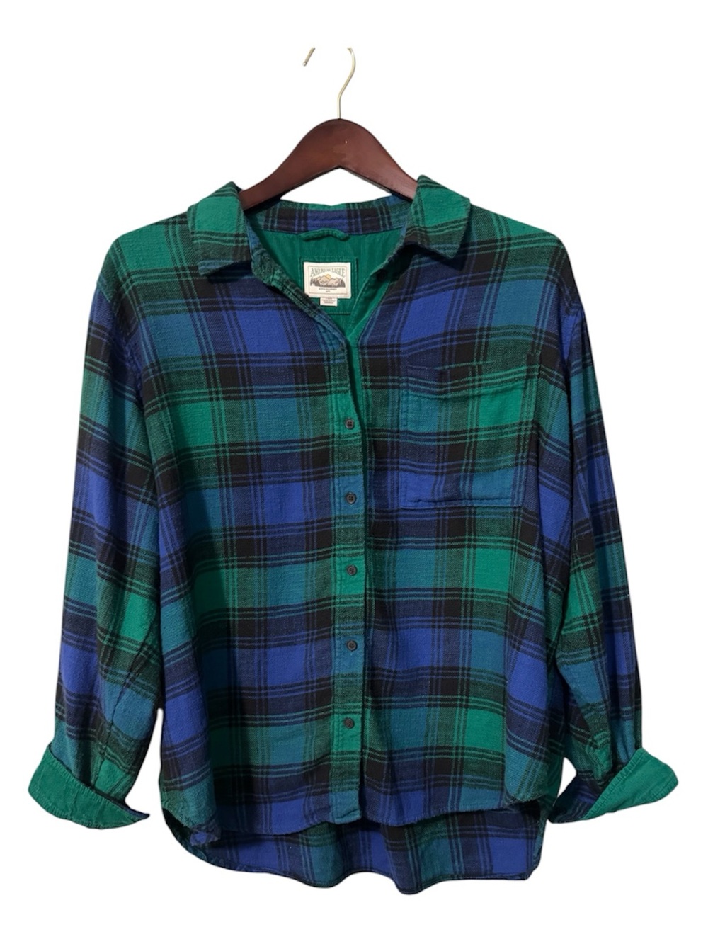 American Eagle Plaid Flannel Shirt Green Blue Size Large Corduroy Accent